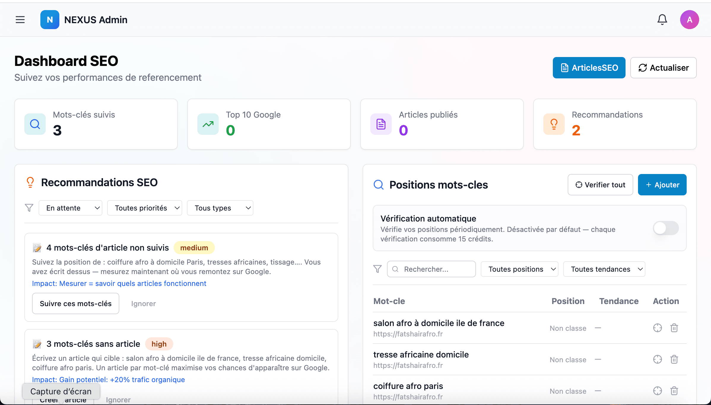 NEXUS — Dashboard SEO